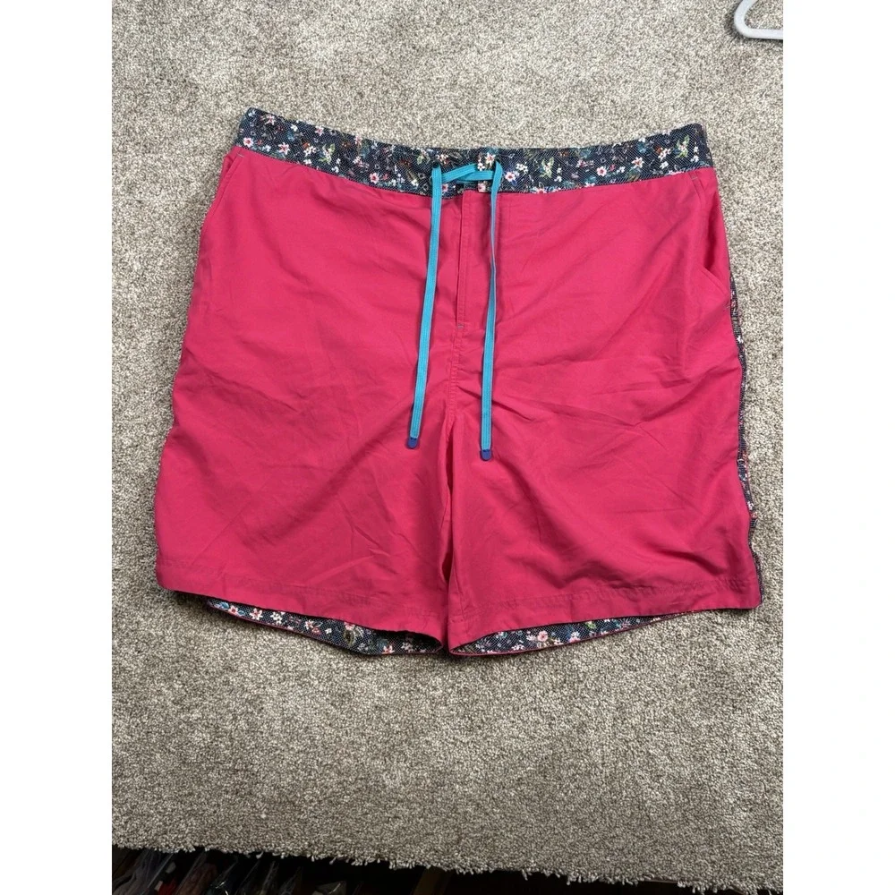 Robert Graham Mens 2XL Swim Trunks Shorts Pink Floral Trim Mesh Lined Pocket Zip